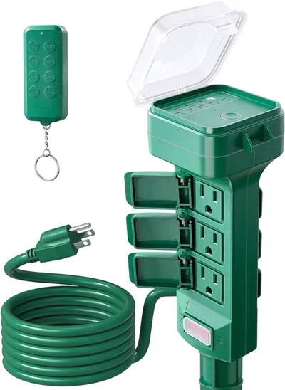 TIMERMATIC Outdoor Power Stake Timer Waterproof, 100ft Wireless Remote Control, Dusk to Dawn Timer, 6 Grounded Plug Outlets, 6ft förlängningssladd, för julbelysning, trädgård, uteplatsljus